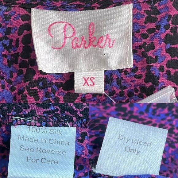 PARKER Silk Faux Wrap Blouse Print Ruffle Bottom Leather Shoulder Purple XS - Picture 6 of 6